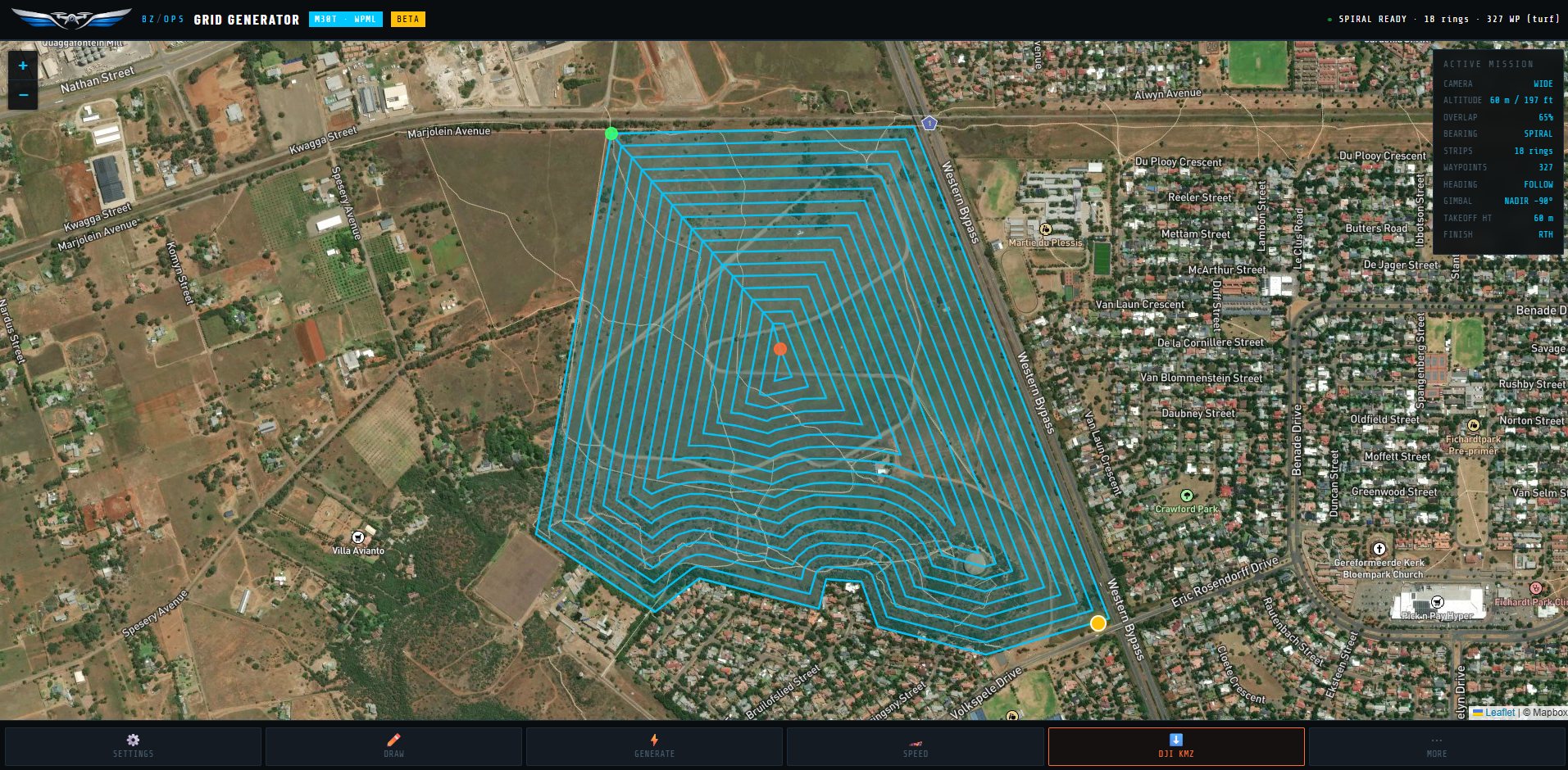 Flight Assist Grid Generator with a spiral search pattern rendered over an aerial map of Bloemfontein