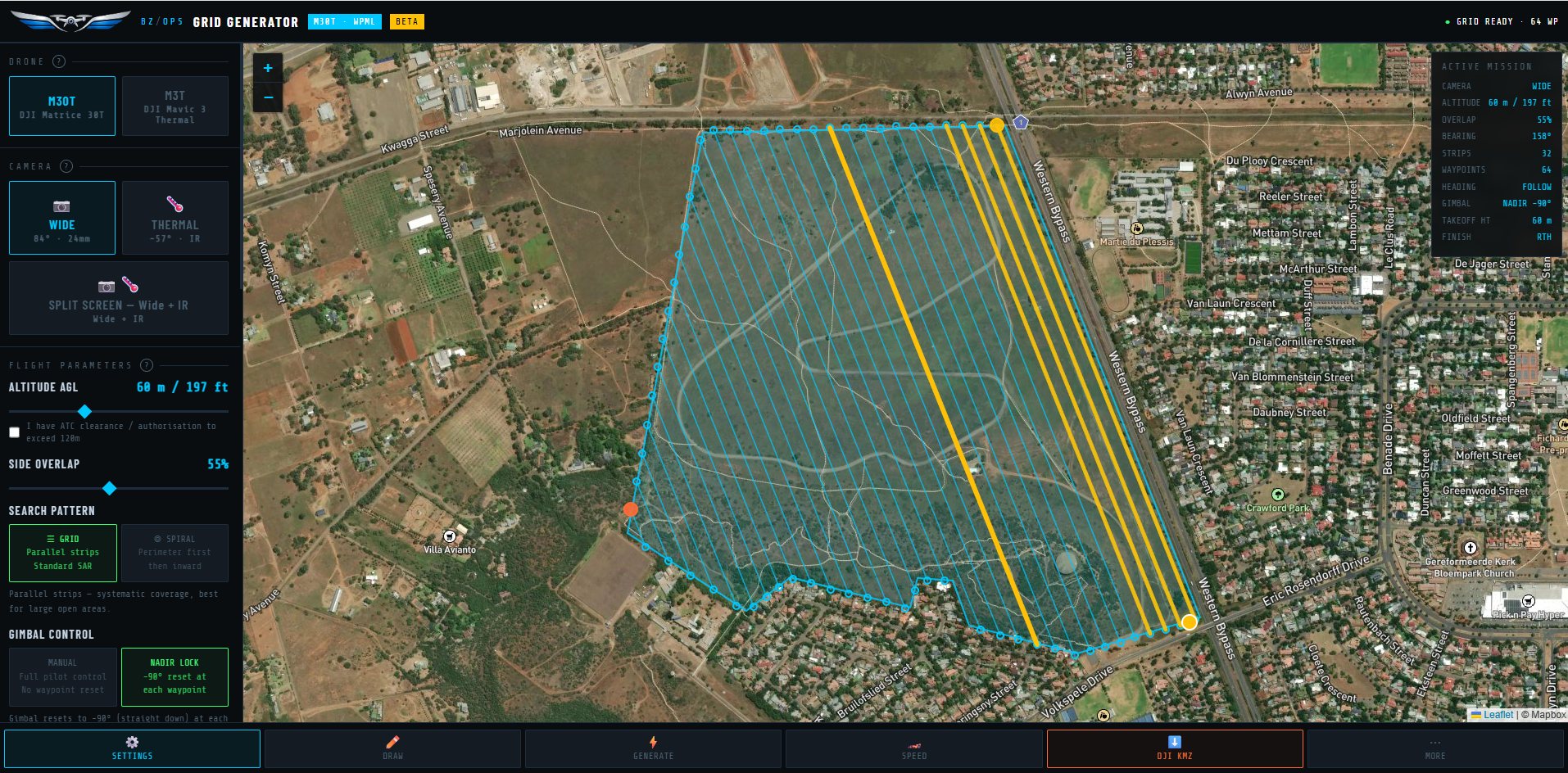 Settings panel showing drone, camera, altitude, overlap, and search pattern controls — with several yellow strips on the map indicating per-strip speed overrides